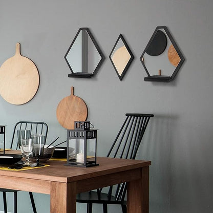 JACKCUBE Design Wall Mount Decorative Mirrors- Set of 3, Geometric Rustic Wood Real Mirror with Shelf for Bedroom, Bathroom, Living Room, Kitchen Wall Art Décor- MK689A