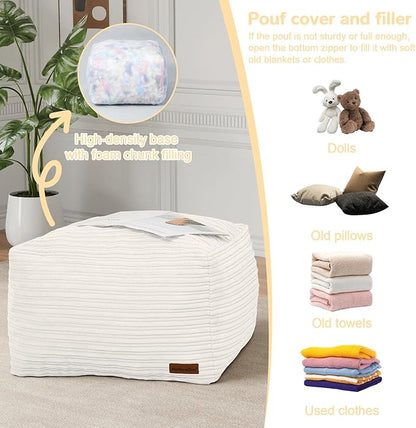 MeMoreCool Square Stuffed Pouf Ottoman Foot Rest, Stripe Furry Floor Pouf Foot Stool with Foam Chunk Filling, Soft Fluffy Stuffed Ottoman Footrest for Living Room, Corduroy Beige
