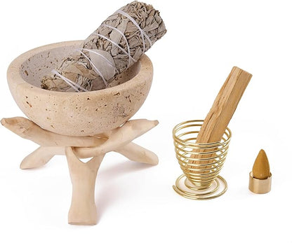Natural Marble Incense Holder, Palo Santo and Sage Burner, Handmade Incense Burner for Smudging, Incense Burning, and Home Decoration (Cream)