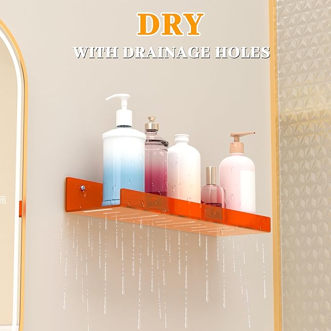 LAZYROSY 2 Pack Floating Shelves– 15'' Orange Acrylic/PET Wall-Mounted No Drill Storage with Adhesive, Bathroom & Bedroom Shelving for Kitchen, Living Room, Home Decor