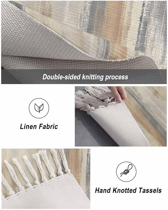 Beige Gray Brown Entryway Rug 2X3 Ft Bathroom Mat, Washable Woven Abstract Ombre Art Throw Carpet with Tassel, Non-Shedding Vintage Minimalist Gradient Aesthetic Indoor Outdoor Kitchen Doormats