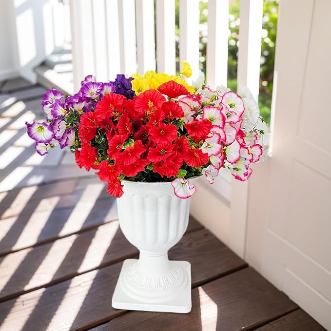 Artificial Silk Flowers for Outdoor Decoration,12 Bundles Faux Flowers Colorful Morning Glory with Eucalyptus Fake Plants Greenery UV Resistant for Outside Front Door Planter Porch Patio Yard