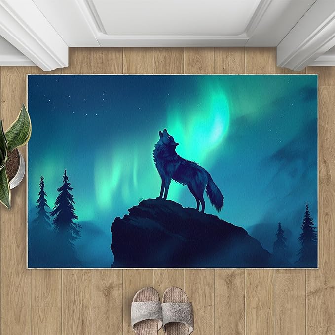 Wolf 4x5 Area Rugs for Living Room -Forest Washable Rug Aurora Non-Slip Carpet Indoor Floor Stain Resistant Thin Carpets for Bedroom Dining Room Home Office