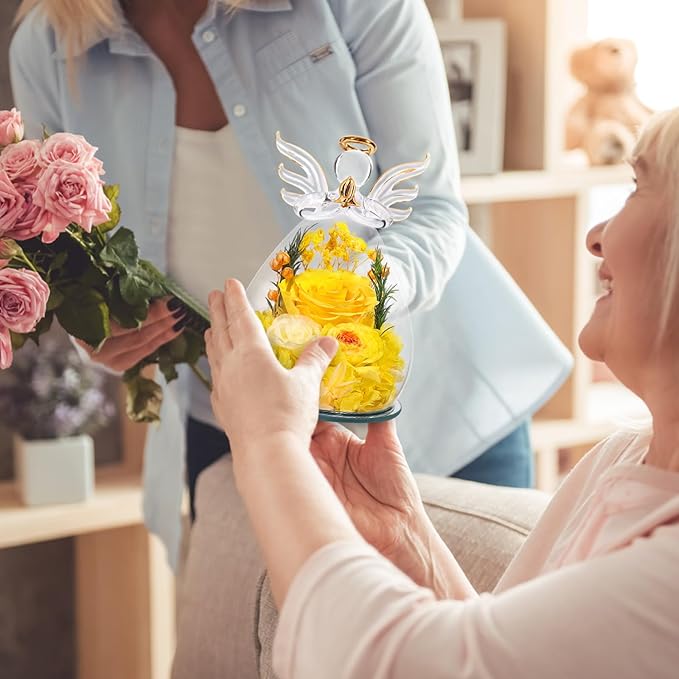 Gifts for Women Preserved Rose Forever Flower in Glass Angel Figurines Fresh Flowers for Delivery Prime Mothers Day Birthday Gifts for Mom Real Yellow Roses for Grandma Sister Wife Her from Daughter