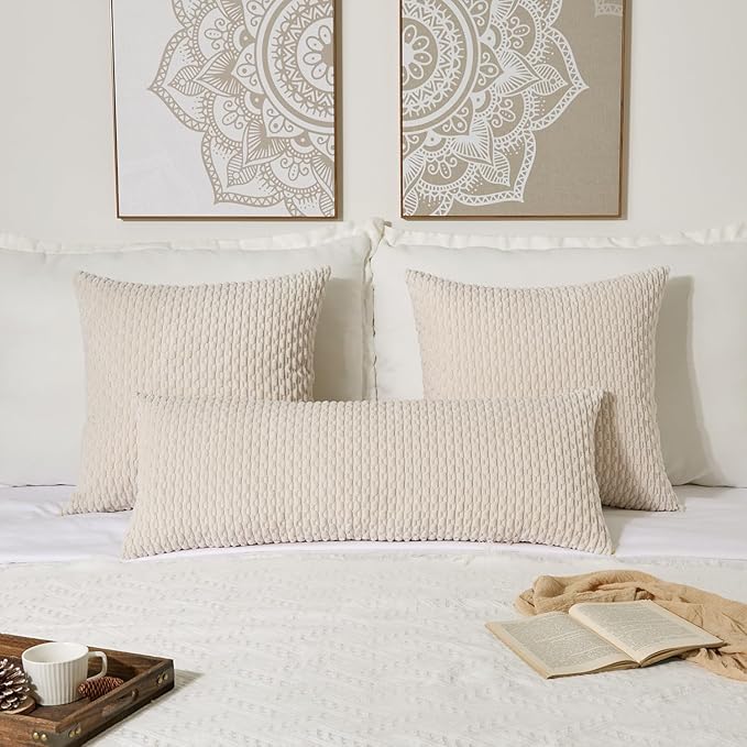 Kevin Textile 14x36 Inch Long Lumbar 1 Pack Boho Decorative Throw Pillow Cover Soft Striped Corduroy Rectangle Cushion Case Farmhouse Solid Color Accent for Living Room Couch Sofa Bed, Cream White