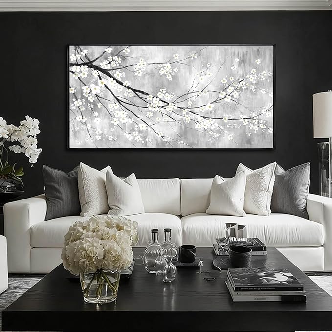 WINKAILIN White Black and Gold Plum Blossom Canvas Wall Art with Black Frame 24"x48" Floral Artwork Modern Botanical Wall Decor for Bedroom Living Room Office Kitchen