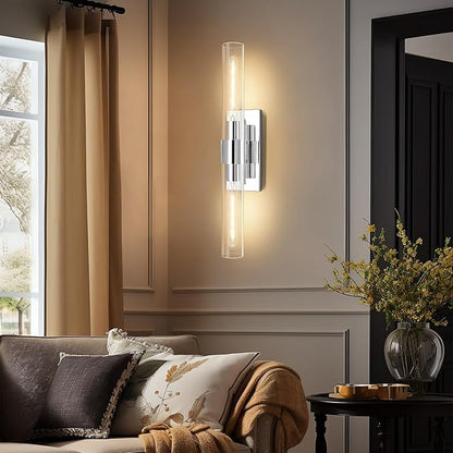 Wall Sconces Set of 2, 22.8" Chrome Bathroom Sconces, Indoor Sconces Lighting with Glass, Nickel Vanity Lights with Tube, Dimmable Bedroom Bedside Wall Light for Dressing Table Staircase