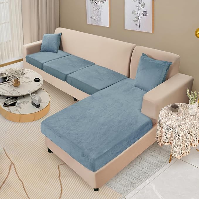 NAISI Sectional Couch Cover 4 Pieces Velvet Separate Couch Cushion Covers L Shape Soft Stretch Sofa Slipcovers with 2pcs Pillowcases for Left/Right Chaise Sectional Couch(3 Seater+1 Chaise,Teal)