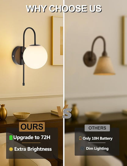 Battery Operated Globe Wall Sconces Set of 2, Wireless Black Wall Lights with Remote Control, Rechargeable 3 Color Stepless Dimming Gooseneck Wall Decor Lamp for Bedroom Living Room Hallway