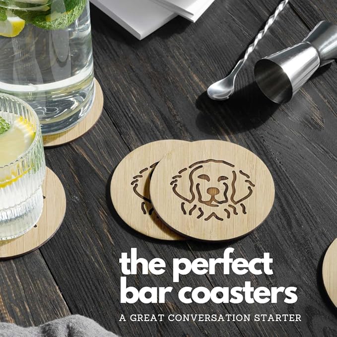 Set of 6 Bamboo Coasters with Holder - 3.9 Inch Fun Dog Coasters - Non-Stick Absorbent Engraved Laser-Cut - Durable, Washable (Retriever)