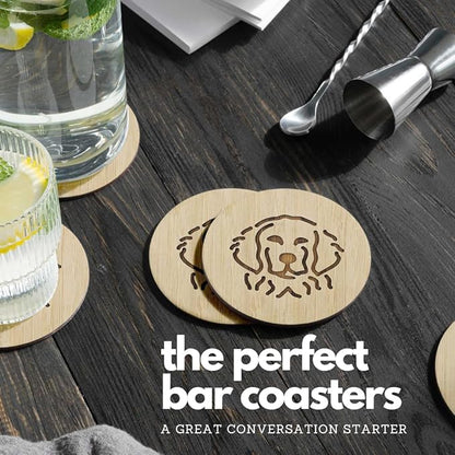 Set of 6 Bamboo Coasters with Holder - 3.9 Inch Fun Dog Coasters - Non-Stick Absorbent Engraved Laser-Cut - Durable, Washable (Retriever)