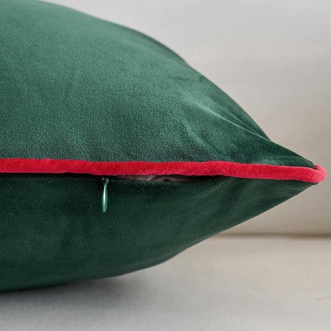 LIGICKY Set of 2 Christmas Dark Green Velvet Lumbar Pillow Covers Modern Minimalist Style Solid Decorative Red Rope Edging Soft Rectangle Cushion Cases for Sofa Bedroom Party Décor, 12 x 20 inch