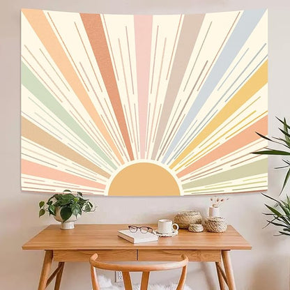 Kanuyee Boho Sun Tapestry Wall Hanging, Retro 70s Abstract Striped Aesthetic Sunrise Vintage Tapestries for Bedroom Living Room 44×60 inch
