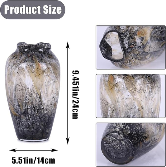 Abstract Art Hand Blown Glass Vase, Black Smoke Glass Vase for Flowers, Elegant Wide Mouth Glass Vase for Centerpieces, Vintage Glass Farmhouse Vase, Unique Modern Vase Decor for Home