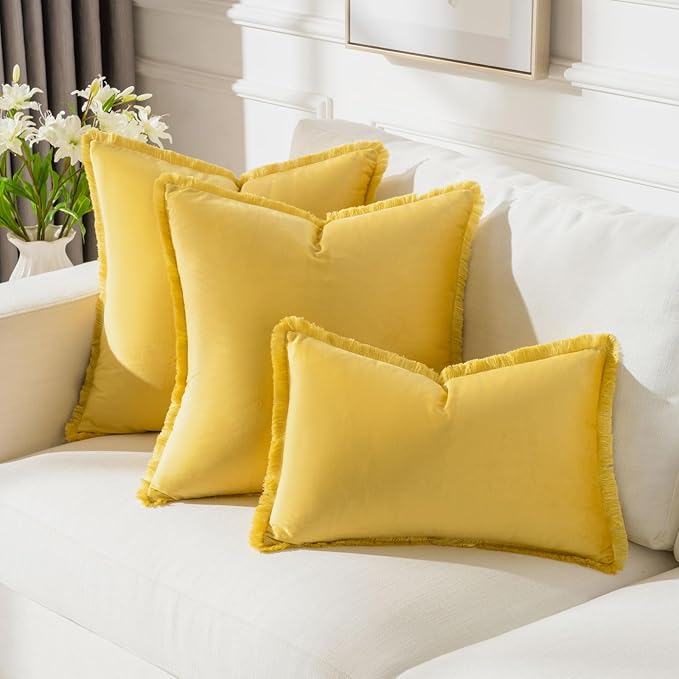 FUTEI Lemon Yellow Velvet Decorative Throw Pillow Covers 18x18 Set of 2,Soft Cozy Edge with Tassels Cushion Case,Boho Modern Home Decor for Couch Bed Living Room