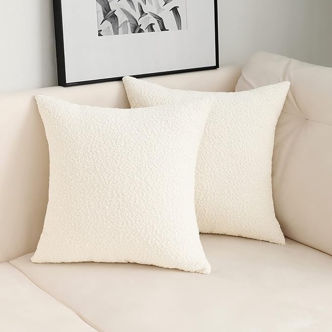 Jeneoo Ivory Decorative Square Thick Accent Throw Pillow Covers Fine Textured Boucle Couch Cushion Cases for Sofa Decor, Set of 2, 20 x 20 Inch