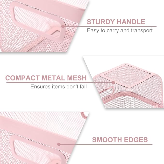 4 Pack Metal Mesh Basket with Hollow Handles Pink Wire Storage Bin for Organizing Stackable Metal Fine Mesh Basket for Pantry Bathroom Kitchen Cabinets Shelves