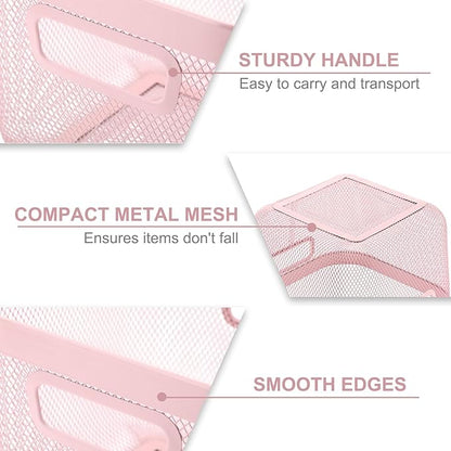 4 Pack Metal Mesh Basket with Hollow Handles Pink Wire Storage Bin for Organizing Stackable Metal Fine Mesh Basket for Pantry Bathroom Kitchen Cabinets Shelves