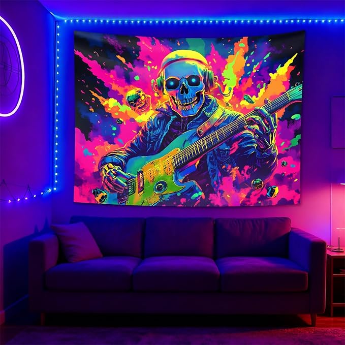 seewan Black Light Skull Guitar Tapestry, Glow-in-the-Dark UV Neon Skull Wearing Headphones Playing Music Wall Hanging, Psychedelic Rock Art Tapestry, Bedroom Dorm Living Room Background Decor