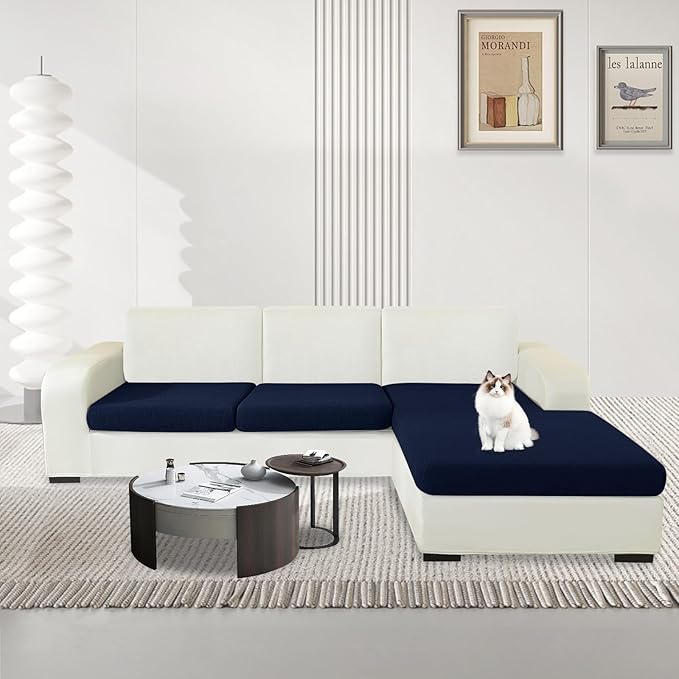 MAXIJIN Waterproof 3 Pieces Couch Cushion Covers for Sectional Sofa Seat Slipcover Stretch Sectional Couch Cover for L Shape Left/Right Chaise with Elastic Bottom (2 Seater + 1 Chaise, Navy Blue)