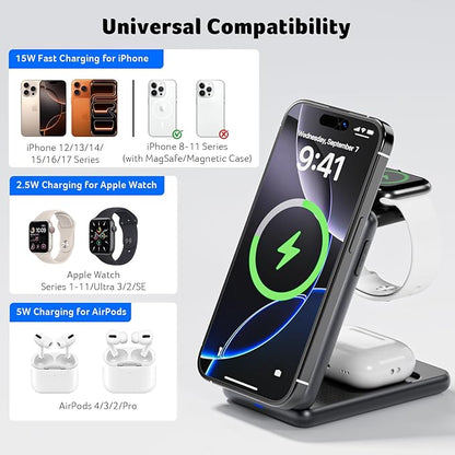 Acer 3 in 1 Charging Station for iPhone, Wireless Charger Stand,15W Fast MagSafe Charger for iPhone 17 16 15 14 13 12 Series-Apple Watch 10 9 8 7 6 5 4 3 2 SE and Ultra Series-Airpods 4 3 2 Pro Series