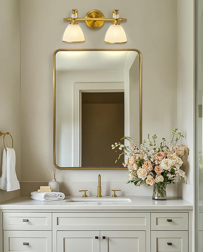 ANDY STAR Gold Vanity Light, 2-Light Brushed Gold Bathroom Light Fixtures, Vintage Bathroom Light with Milky White Bell Glass Shades, Eye-Friendly Wall Sconce for Mirror, Kitchen, Bedroom, Hallway