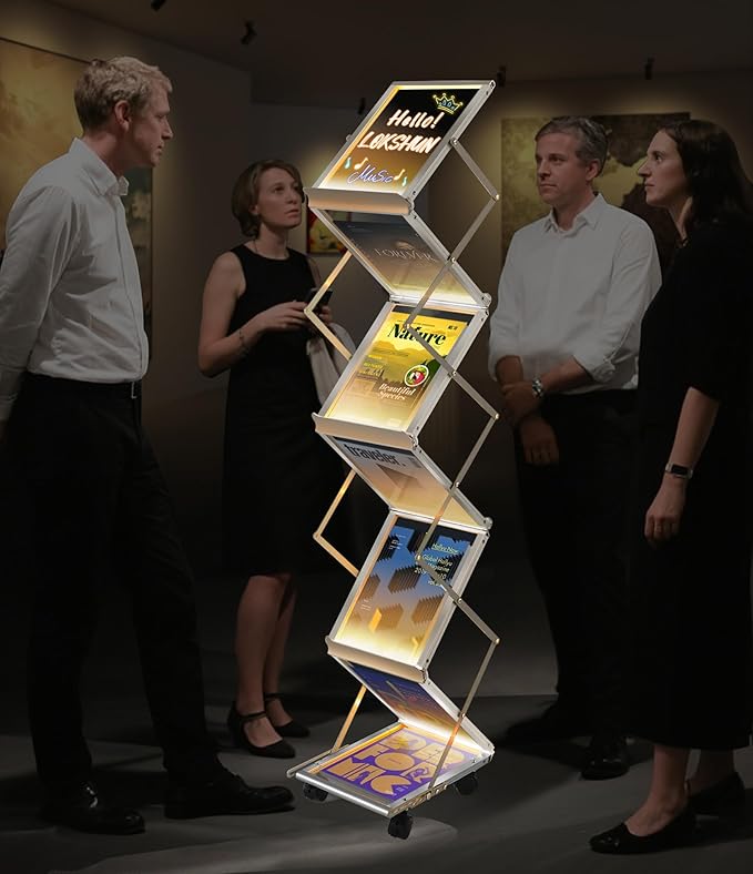 LED Magazine Rack Floor, Sleek Brochure Display with LED Message Writing Board, Mobile Magazine Holder for Trade Shows/Exhibition/Office/Restaurant/Menu Sign with Pens