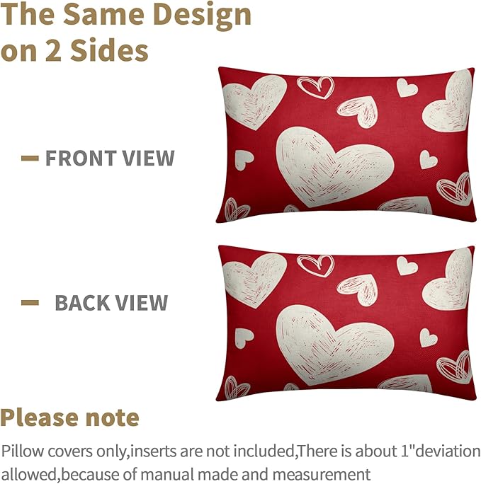 Valentines Day Pillow Covers 12x20 Set of 2 Red Love Print Decorative Outdoor Heart Throw Pillow Cases Rustic Holiday Decoration Farmhouse Sofa Couch Cushion Cover Bed Decor