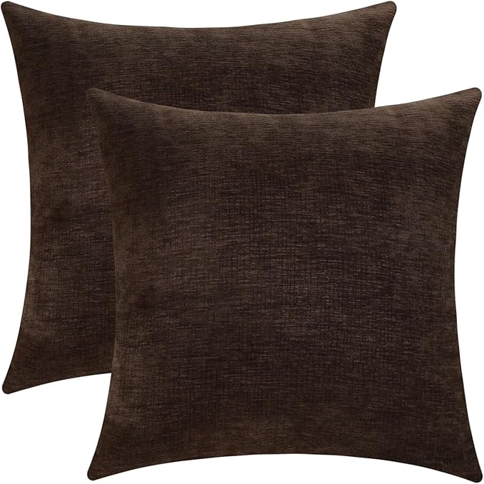 Jeneoo Coffee Brown Decorative Throw Pillow Covers Soft Chenille Comfy Square Couch Cushion Cases for Living Room Sofa Decor (Set of 2, 18 x 18 Inches)