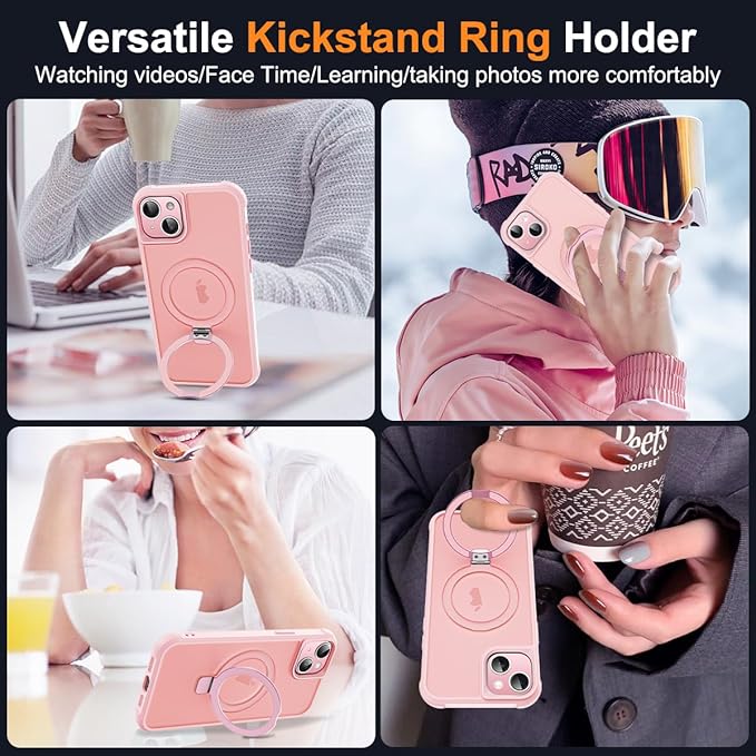 Compatible with iPhone 15 Case with Invisible Magnetic O-Ring Stand Military-Grade Translucent Case for iPhone 15 6.1" [Compatible with Mag-Safe][Great Grip Feeling], Pink