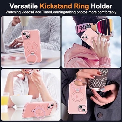 Compatible with iPhone 13 Case & iPhone 14 Case with Invisible Magnetic O-Ring Stand Translucent Phone Cases for 13 & 14 6.1" [Compatible with Mag-Safe][Great Grip Feeling], Pink
