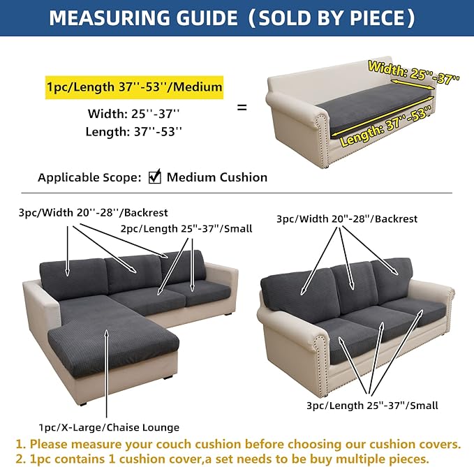 Eismodra Couch Cushion Covers Magic Stretch Sofa Slipcover for 3 Cushion Couch Dogs Pet L Shape 2 Seat Replacement Furniture Protector,Dark Gray Length 37-53 inches(Only 1 Piece)