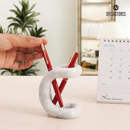 Marble Pen Holder for Desk 4 Inch White Pencil Holder for Desk Accessories & Workspace Organizers - Stone Stationary Holders for Office Decor - Pen Organizer for Gifts
