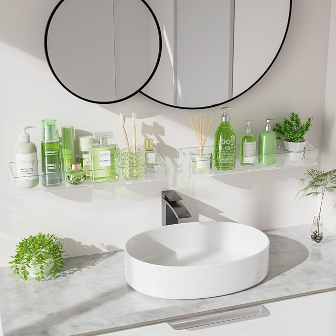 10PCS Acrylic Floating Shelves for Wall, 15" Clear Acrylic Shelves, Bathroom Shelf with Two Types of Installation, Space Saving Hanging Wall Shelf for Bathroom, Living Room, Bedroom, Kitchen