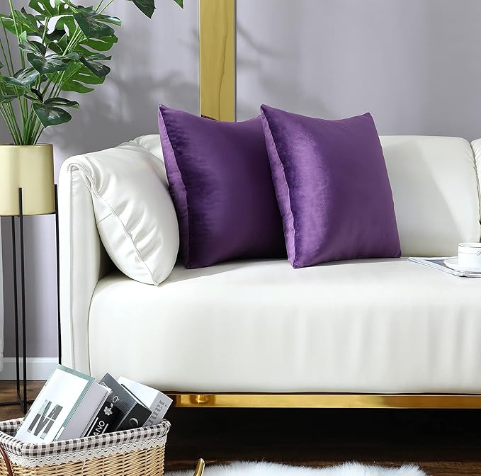 mixeoo Comfy Eggplant Purple Throw Pillow Covers Decorative Square Solid Velvet Super Soft Cushion Cases Home Decor for Sofa Couch Living Room Chair, Set of 2, 16 x 16 Inch