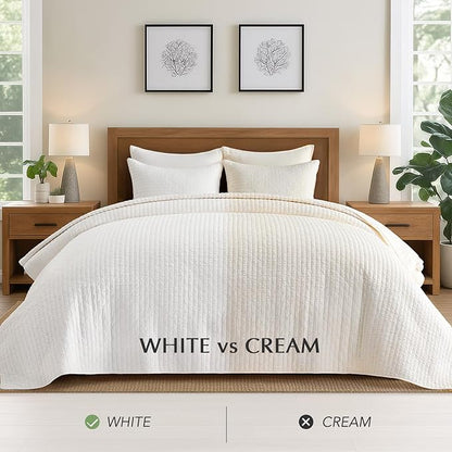 EVERGRACEHOME Cross Stitch Pre-Washed Cotton Quilt Bedding Set King Size, Oversized 3 Pieces Lightweight Bedspread Coverlet for All Season, with 2 Matching Shams, Bright White,118"x106"