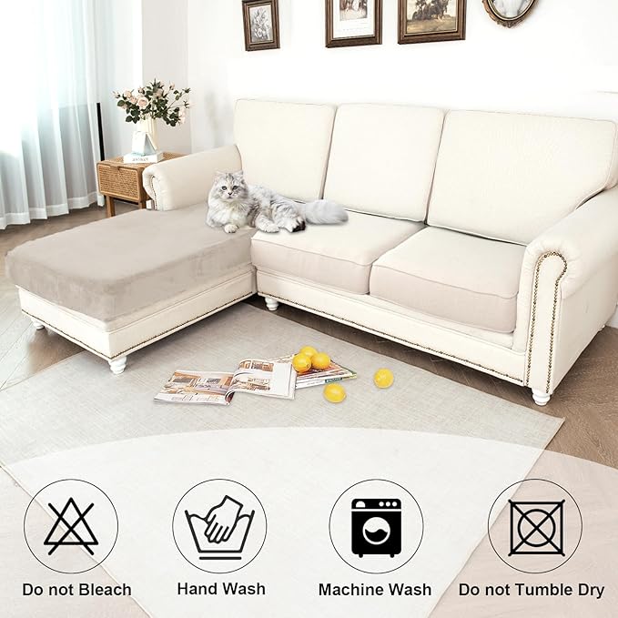 NAISI Waterproof Couch Cushion Covers Thick Velvet Fabric Washable Sofa Slipcovers 1 Piece Individual Sectional Couch Covers with Elastic Bottom(1 PC for Chaise Lounge,Light Taupe)