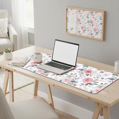 Pink Floral Mouse Pad (31.5 x 11.8 Inch), Large Watercolor Rose Desk Mat, Cute Botanical Pattern with Teal Leaves, Non-Slip Laptop Base, Spring Office Decor