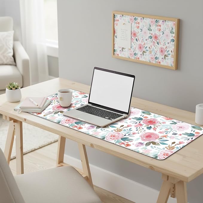 UJoowalk XL Extended Mousepad (35.3 x 15.7 Inch), Large Botanical Desk Mat, Pastel Pink Peony & Green Leaf Design, Waterproof Keyboard Surface, Aesthetic Work Accessories