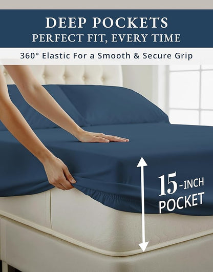 LANE LINEN 100% Egyptian Cotton Split King Sheets for Adjustable Beds, Long Staple Mercerized Bedding Sheets, Luxury Hotel Like Thick 15 inch Deep Pocket Reinforced French Seams - Estate Blue