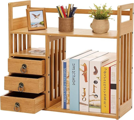 Bamboo Desk Book Shelf, Desktop Bookshelf Storage Rack with 3 Drawers, Tabletop Standing Organizer for Office, Bedroom, Dorm, Freestanding Bookcase – Wood Tone