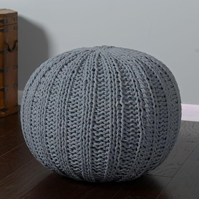 LR Home Gray Cableknit All-Natural Cotton Round Ottoman for Home Décor Hand-Made Casual Foot Rest for Bedroom & Living Room Decor 20 x 20 x 16 Stuffed Pouf for Seating