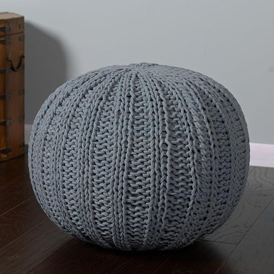 LR Home Gray Cableknit All-Natural Cotton Round Ottoman for Home Décor Hand-Made Casual Foot Rest for Bedroom & Living Room Decor 20 x 20 x 16 Stuffed Pouf for Seating