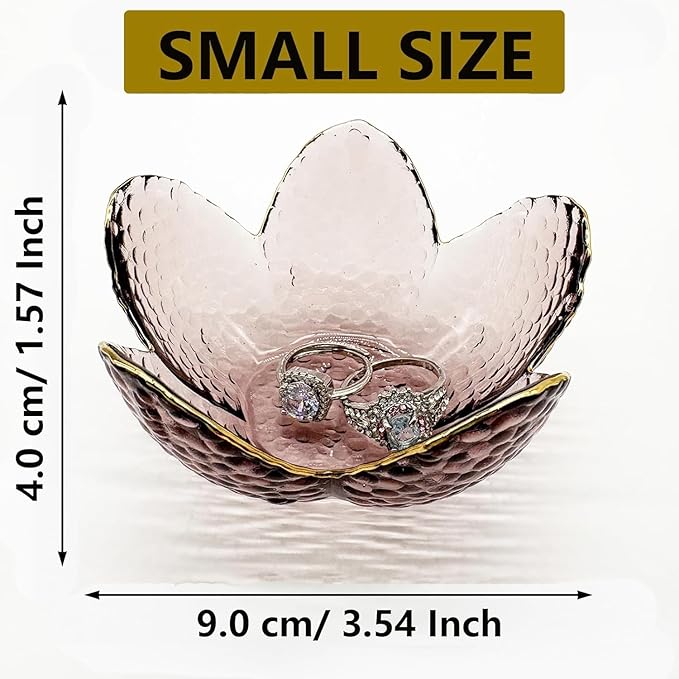 Small Pink Glass Jewelry Dish Tray, Bathroom Jewlery Tray, Flower Ring Dish Jewlry Plate, Crystal Engagement Jewerly Ring Holder for Women, Nightstand Decor Trinket Jewelry Bowl Gift for Mom