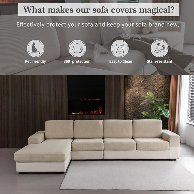 Sectional Couch Covers, Wear Resistant Stretch Sofa Covers Washable Soft Couch Cushion Covers Anti Slip Furniture Protector Sofa Slipcovers for Pets(1 Piece Chaise Cover, Light Brown)
