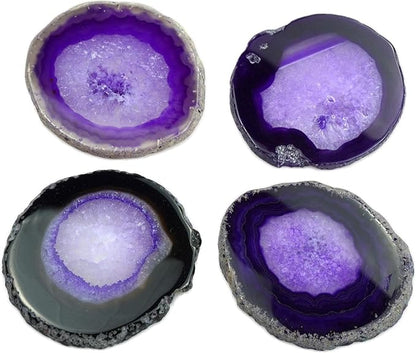Purple Agate Slices Bulk Geode Coasters Set of 4 with Rubber Bumpers - Unique 3-4 Inch Dyed Stone Drink Cup Crystal Coasters for Home Decor, Coffee Table, Bar Accessories