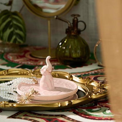 Ceramic Elephant Jewelry Tray - Hand-Painted Trinket Dish & Ring Holder for Dresser, Elephant Themed Home Decor Organizer Bowl for Nightstand, Bathroom Counter (Pink)
