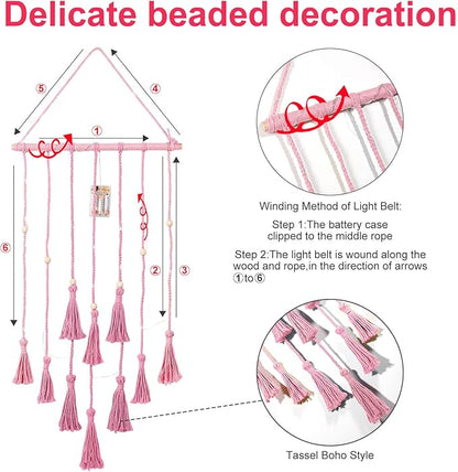 Hanging Photo Display Wall Decor, Pink Macrame Wall Hanging Boho Room Bedroom Decor, Picture Frame Collage with Remote Light & 30 Clips, Christmas Teenage Teen Girl Gifts Ages 10 11 12 13 14 Years Old