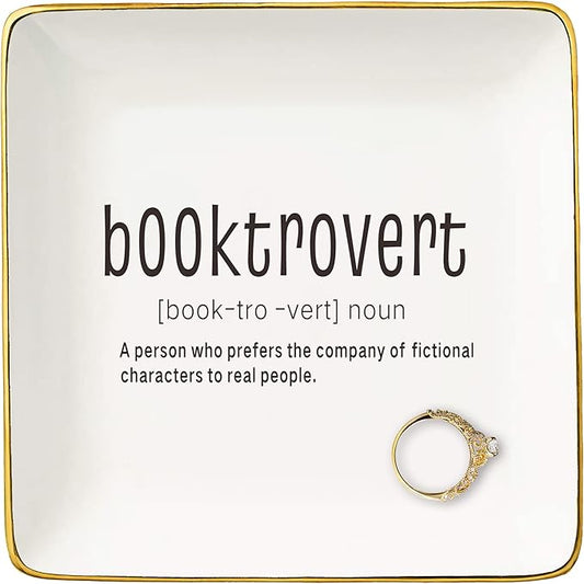 NZY Booktrovert Definition Gifts-Booktrovert Ceramic Jewelry Tray Gifts for Women-Book Reader Lover-Bookish Book Reader Librarian Decor-Trinket Holder Ring Dish