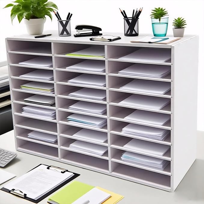 Literature Organizer - 27-Slot Desktop File Sorter Mail Center, Paper Storage Cabinet & Classroom Mailbox for Home, School & Office